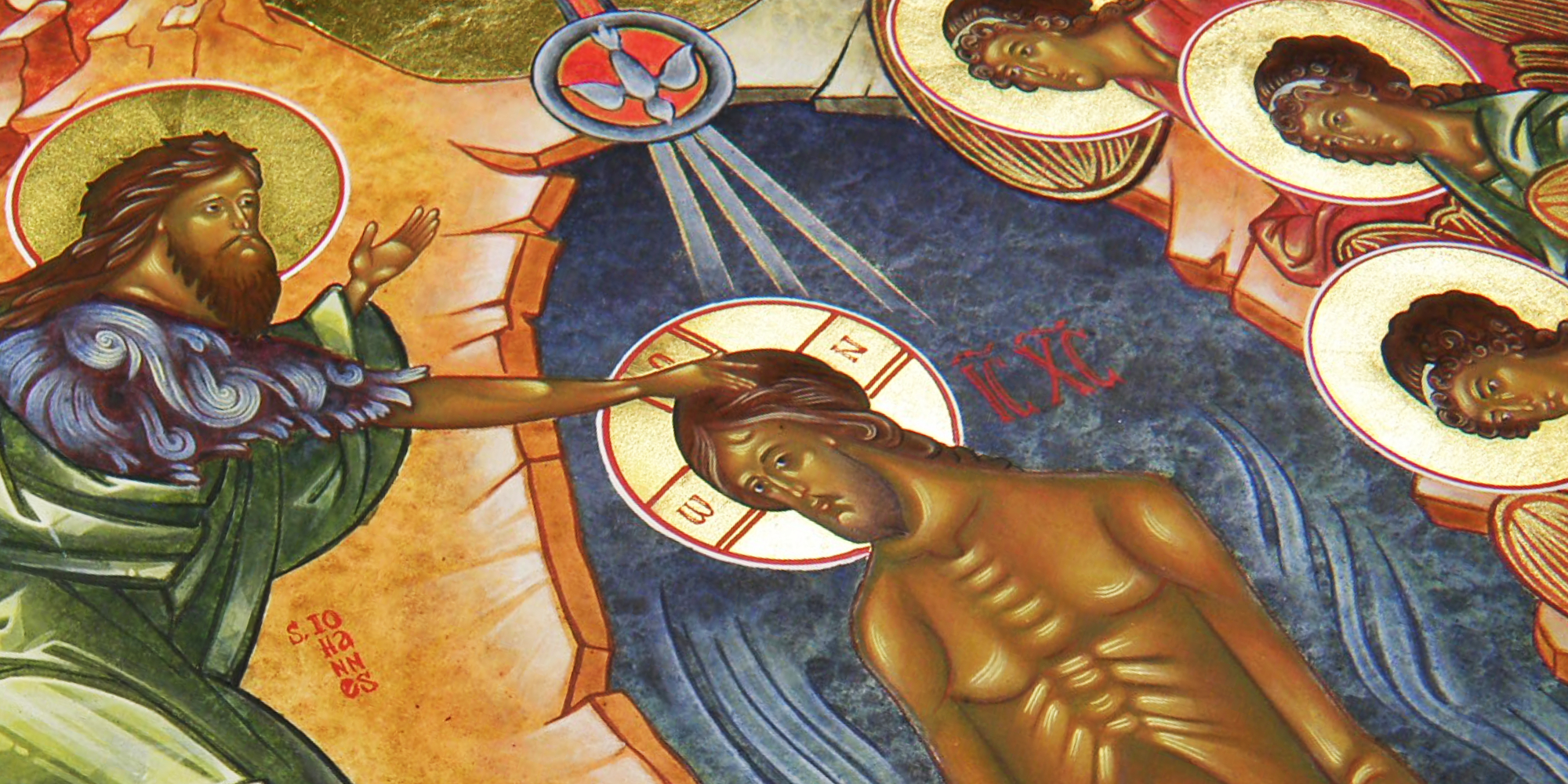 Detail van een icoon: Doop van de Heer met Johannes de Doper, Heilige Geest en engelen